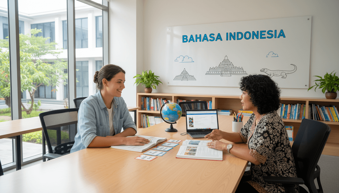Étudiant apprenant l'indonésien dans une salle de classe moderne et lumineuse à Bali