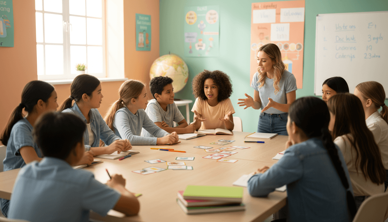 Étudiante en cours d'indonésien dans une salle de classe moderne et lumineuse